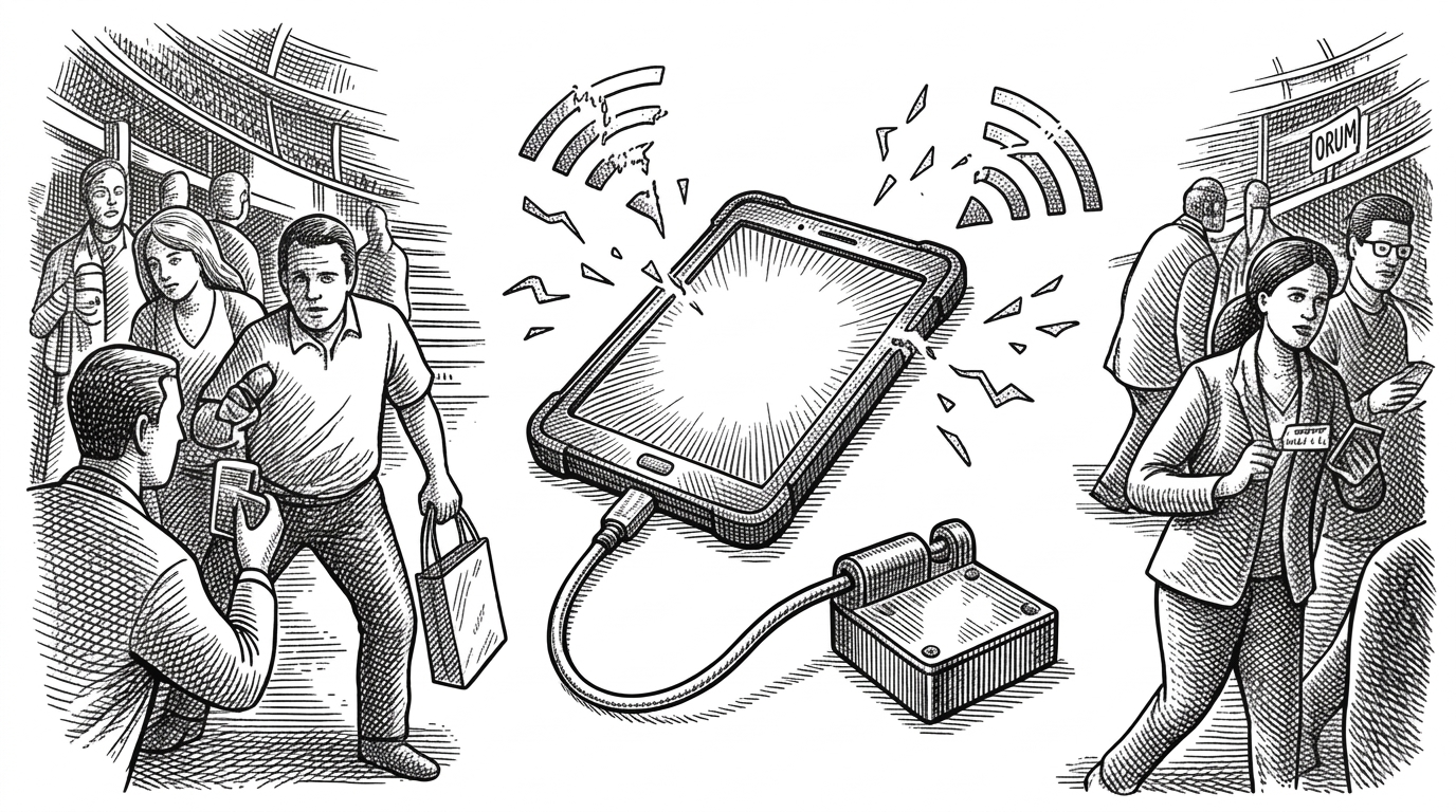 A rugged tablet glowing brightly amid broken wireless signals in a chaotic stadium concourse, representing offline stability.