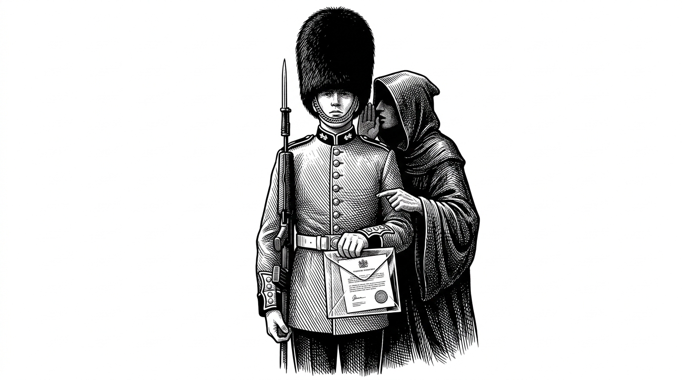 A royal guard standing at attention while a shadowy figure whispers in their ear. The guard is holding a transparent envelope where a secret document is clearly visible to the shadow.