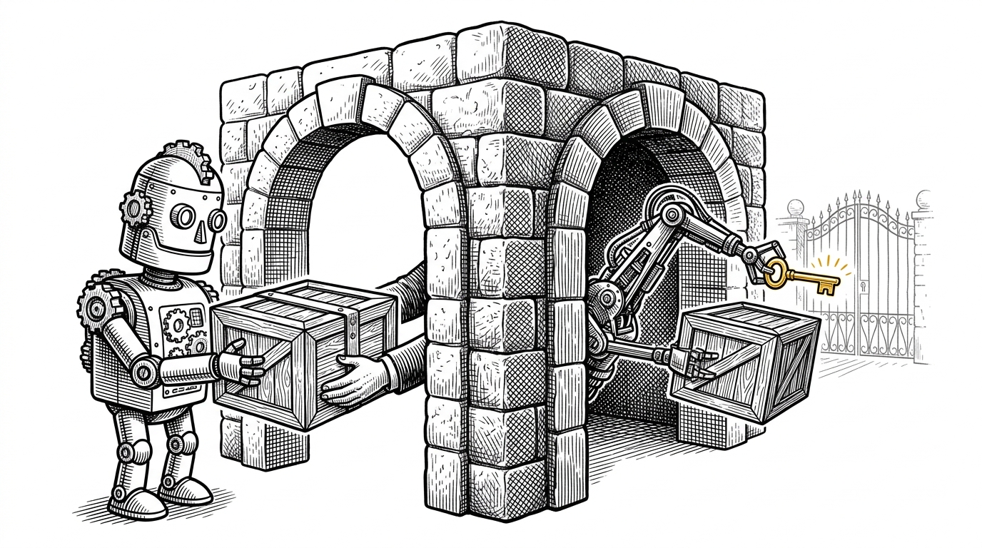 A classic stone vault with two separate entrances. On one side, a robot is handed a sealed wooden crate. On the other side, a mechanical arm inside the vault swaps the crate for a golden key just as it exits toward a distant gate.