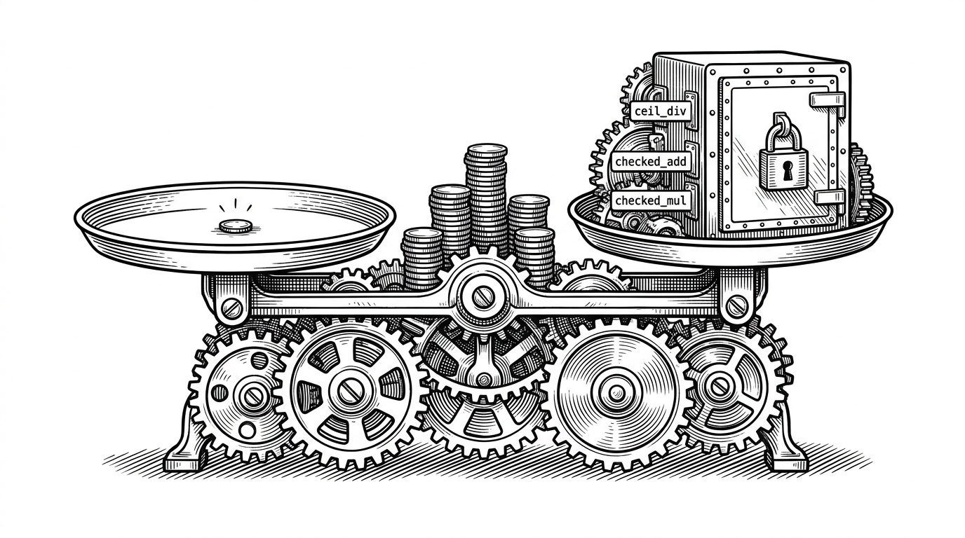 A balance scale built from gears and coins, with a tiny dust trade on one side and a locked vault of arithmetic safeguards on the other. The image explains that in this AMM, even tiny rounding choices can shift value toward or away from the pool.