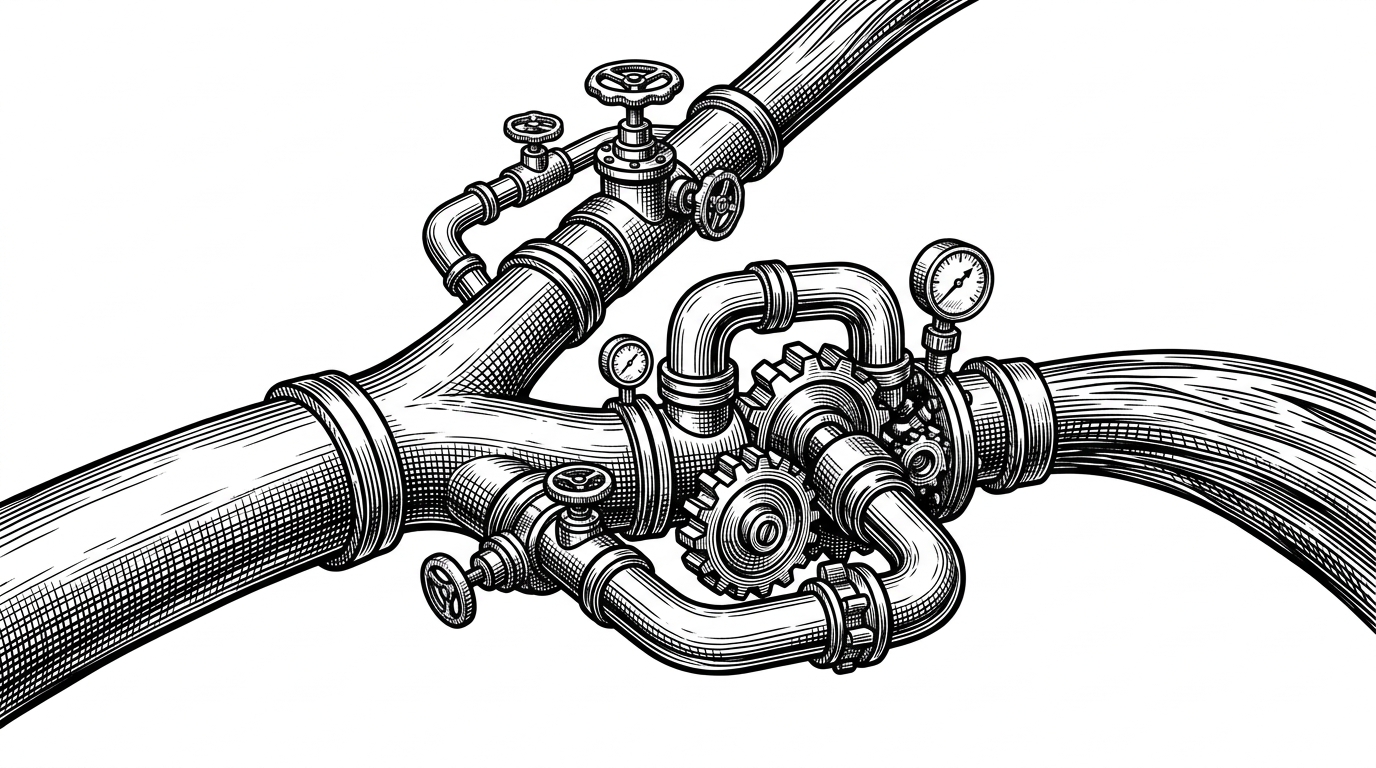 A close-up of a trade flowing through three precision valves. One branch diverts a fee stream, another feeds a constant-product engine, and the third exits as the user’s output. The image explains how the crate separates fee extraction from invariant calculation.