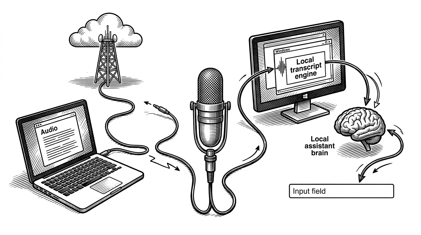 A split scene showing two voice workflows. On the left, audio leaves a laptop for a cloud tower and comes back as text. On the right, the same audio stays inside the Windows machine and flows through local transcription, local assistant logic, and direct insertion into an app.