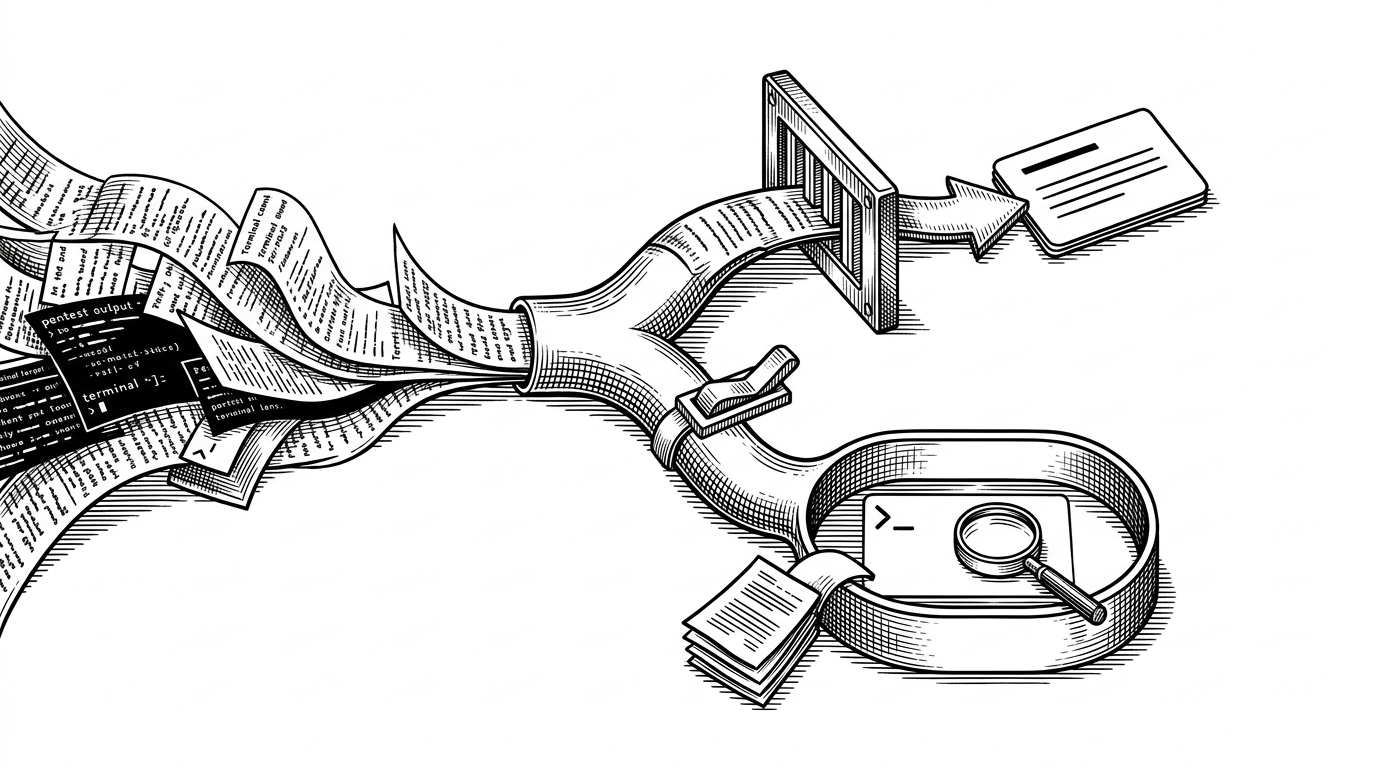 A close-up of a workflow junction where noisy pentest output enters from one side and splits into two paths. One path runs through a narrow parser gate into a compact summary, while the other opens into an agent loop connected to search, retrieval, and shell execution. The image explains how Nebula chooses between cheap structured processing and broader autonomous action.