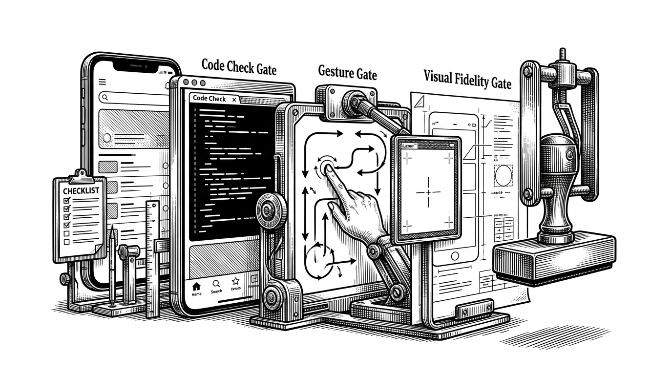 A close-up editorial scene of a mobile app passing through a QA checkpoint. One side shows an app screen on a device, and in front of it are three gates labeled by their physical representations: code validation, gesture testing, and visual comparison. A stern review stamp blocks the final exit until the checks pass. It explains that Etnamute treats integration and fidelity as the main risk surface.