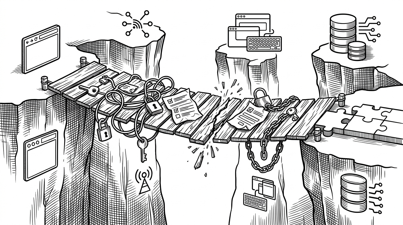 A brittle bridge made of mismatched planks spans several cliffs labeled with different app environments. One plank cracks under a heavy bundle of authentication features, while smaller modular pieces on the far side continue crossing safely.