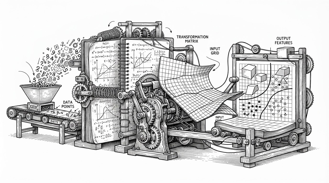 A classroom-sized machine built from notebook pages, coordinate grids, and handwritten formulas. Raw points and text fragments enter on one side, while warped grids and structured outputs emerge on the other. The scene explains the repo’s main idea: machine learning becomes legible when you can watch features, transformations, and decisions happen in sequence.