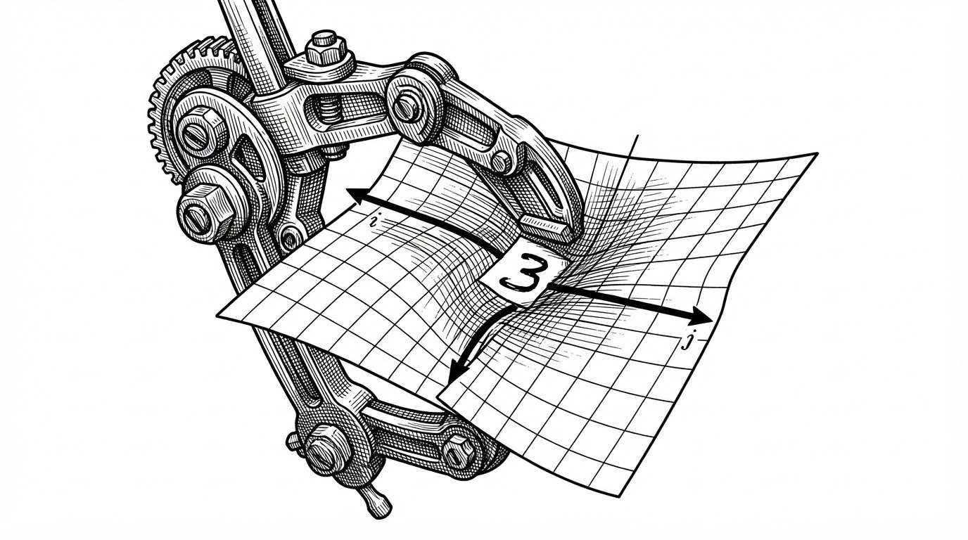 A close-up of a coordinate grid being bent by a clamp shaped like a matrix. Two basis vectors are pinned to the grid, and a small handwritten digit sits on the plane as the lines twist around it. The image explains that transformations are not abstract symbols in this curriculum. They are physical changes to space.