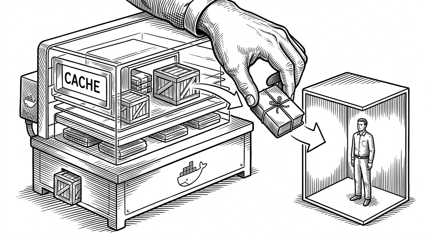 A close-up of a layered build bench with stacked image layers, a cache chamber, and a hand moving a project from build stage to runtime stage. The scene explains why the Dockerfile is more than boilerplate, because it uses caching and a non-root handoff to shape how the image is built and run.