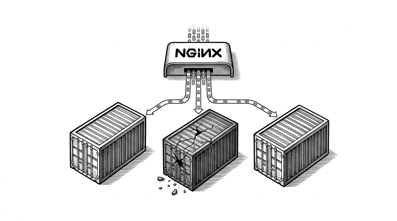 An overhead view of a gateway feeding requests into three container blocks, with one block dimmed to suggest failure while the others stay active. The scene explains how a proxy can distribute traffic across replicas and keep serving when one backend drops out.
