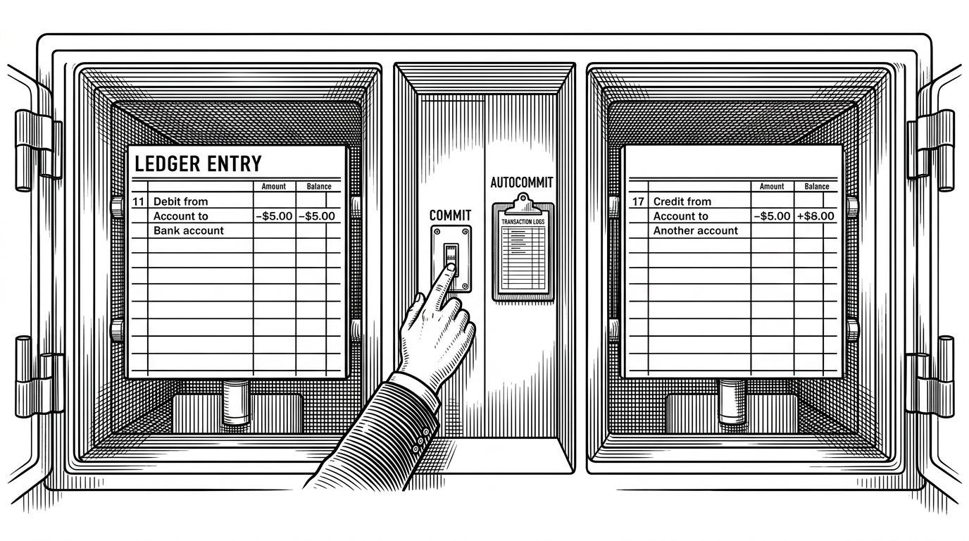 A bank vault split into two chambers with a narrow control room between them. One side shows a debit leaving a source account, the other shows a matching credit entering a destination account, while a hand hovers over a commit switch beside a transaction log clipboard. It explains that the app’s real product is safe, all-or-nothing money movement.