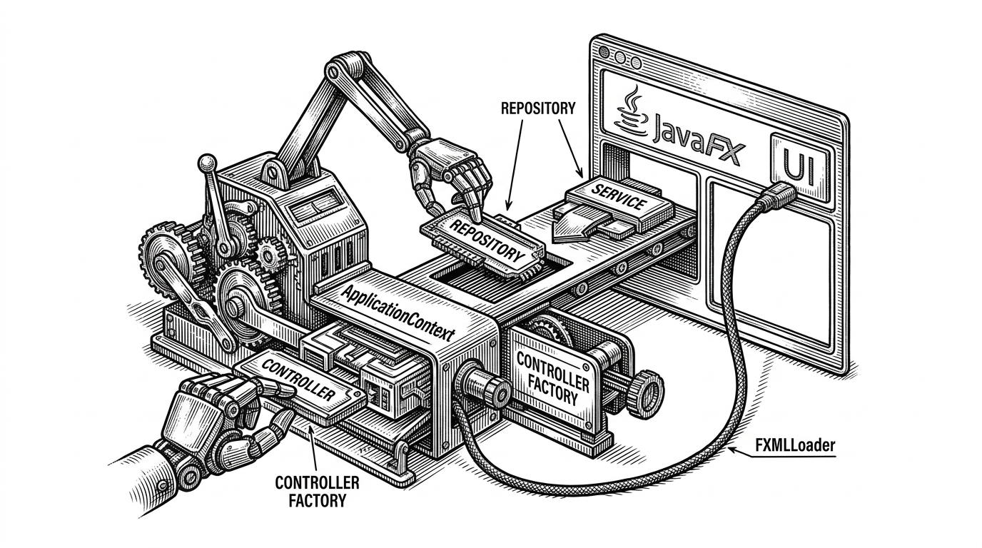 A close-up assembly line where ApplicationContext hands a repository, then a service, then a controller into a JavaFX window frame. A single cable labeled FXMLLoader connects the controller factory to the UI. It shows how the app wires itself without a heavyweight container.