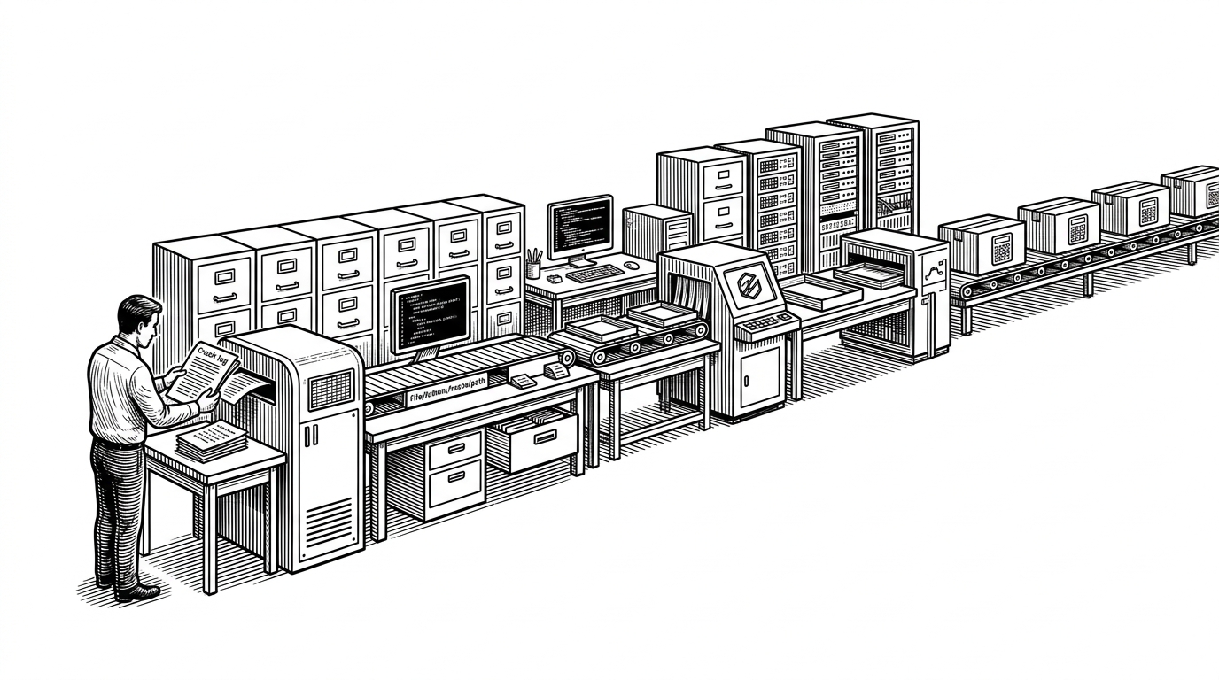 A wide editorial scene of a long assembly hall made of filing cabinets, workbenches, and server racks. A researcher feeds a crash log into a machine at one end, and labeled artifact boxes roll out at the other end, each box carrying a tiny calculator icon. It visualizes exploit research as a pipeline, not a one-off stunt.