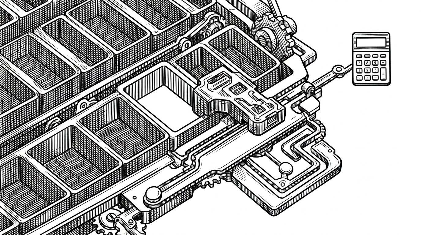 A close-up mechanical puzzle where one slot is freed, a controlled piece slides into place, and a narrow channel redirects a signal toward a calculator icon. It explains how memory shaping can turn a use-after-free into controlled execution.