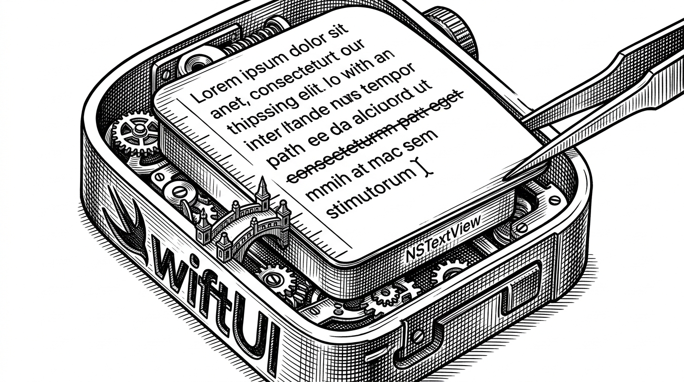A close-up of a text editor being fitted into a SwiftUI frame like a precision mechanical part. A cursor, a line-height ruler, and a bridge between two different layers show why the project relies on AppKit for control that SwiftUI does not fully expose.