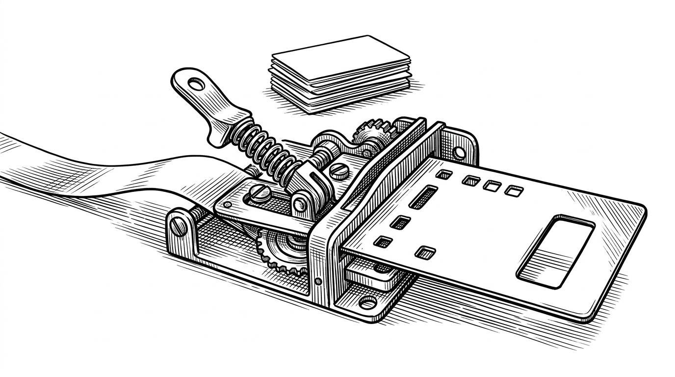 A close-up mechanical trigger catches a prompt stream, flips a lever, and releases a card labeled as a mandatory evaluation step while a small stack of prior skill cards sits in the background. It shows how the hook forces reflection at the moment work is happening, not after the fact.