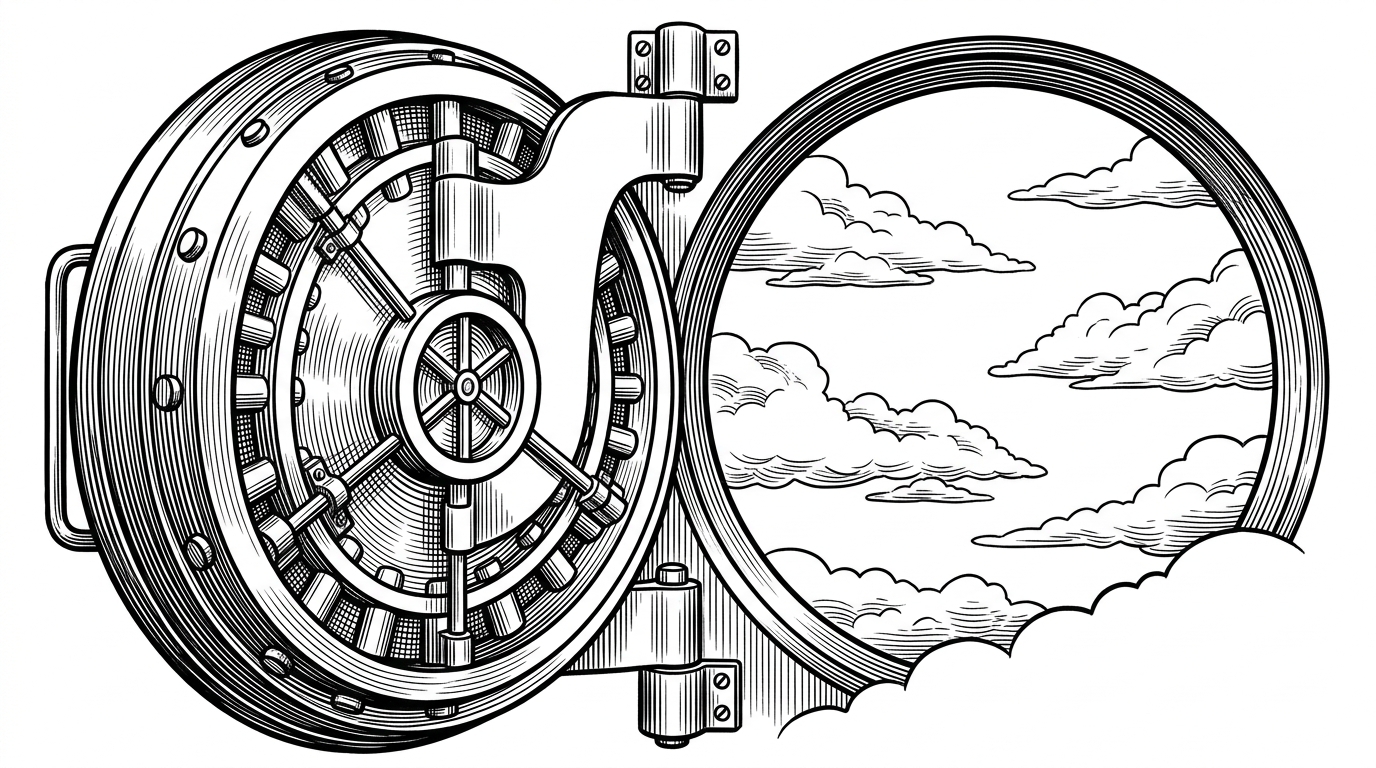 A heavy steel bank vault door swung open to reveal a vast landscape of floating clouds, symbolizing cloud-native storage.