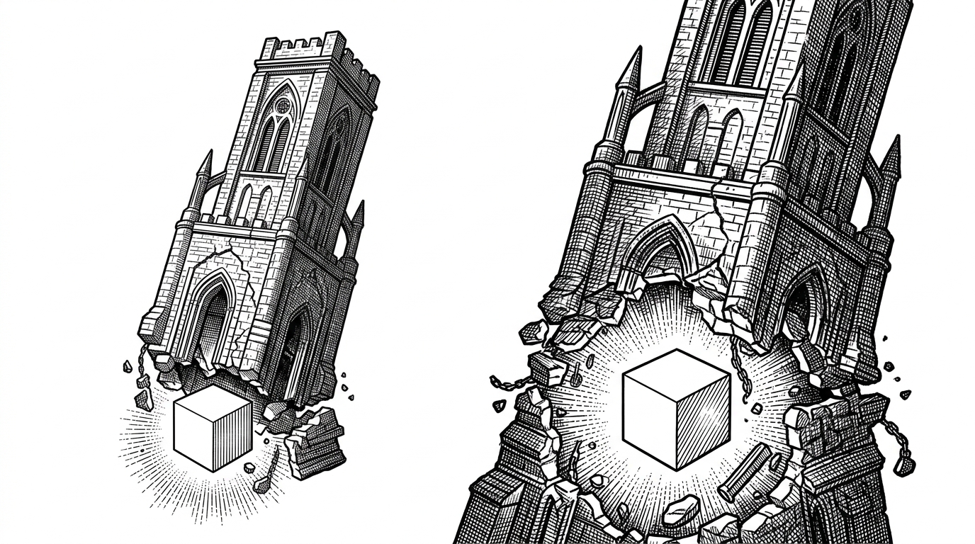 A heavy stone tower being compressed into a single glowing geometric cube, representing the consolidation of a complex software stack into one binary.