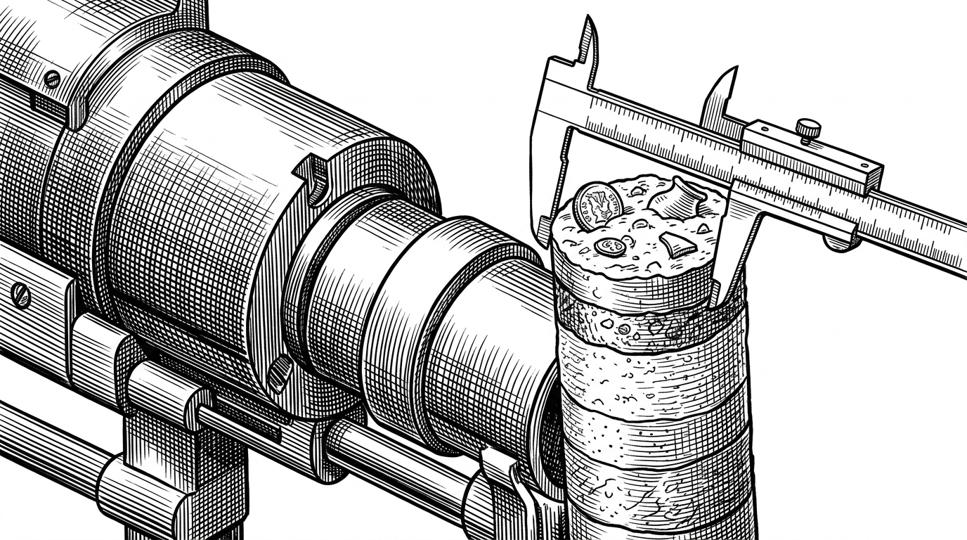 A close-up of a precise mechanical core drill extracting a layered cylinder of earth from a dig site. The distinct sedimentary layers represent the different historical eras of the Cardano blockchain.