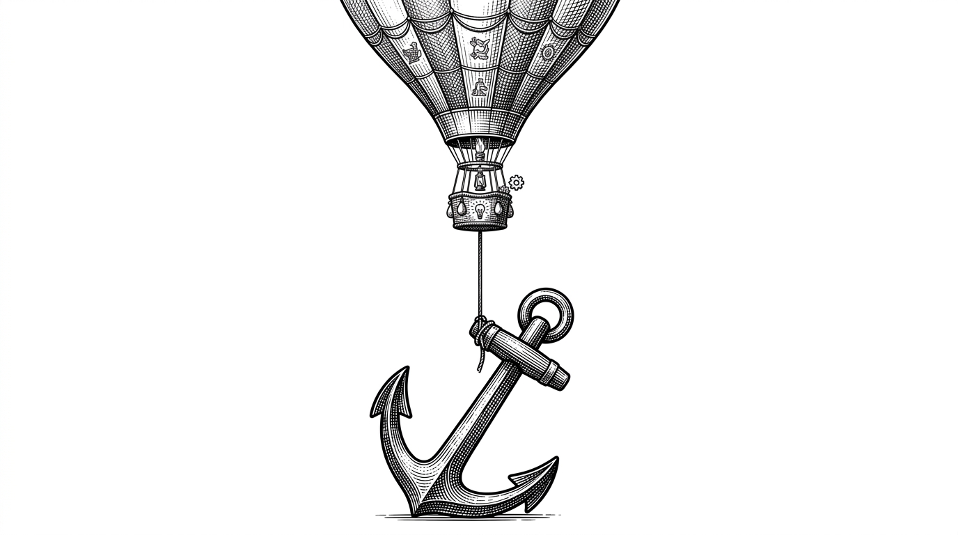 A heavy iron anchor connected by a taut string to a massive hot air balloon, symbolizing the relationship between tiny on-chain pointers and large off-chain metadata.