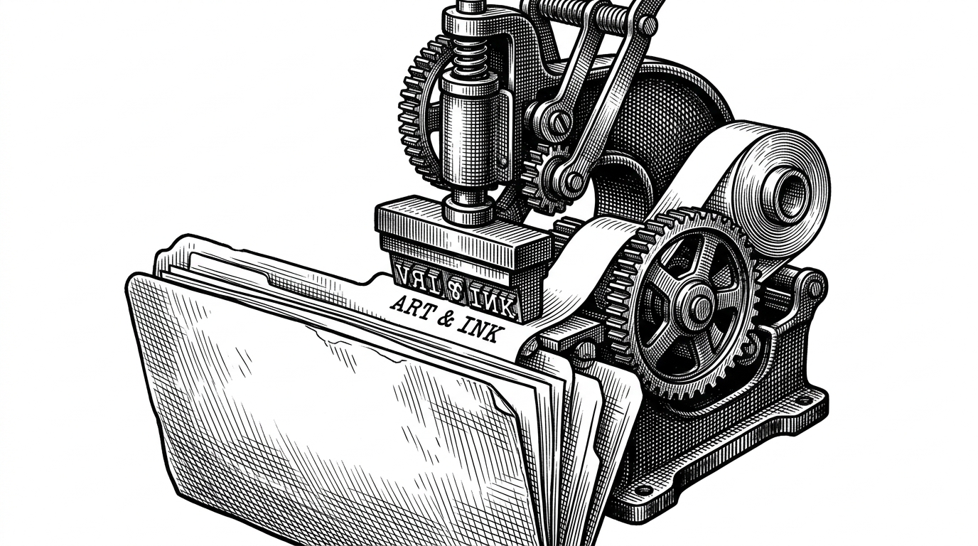 A close-up of an industrial printing press stamping a hexadecimal code onto a file folder tab, illustrating the concept of content-hashing filenames.