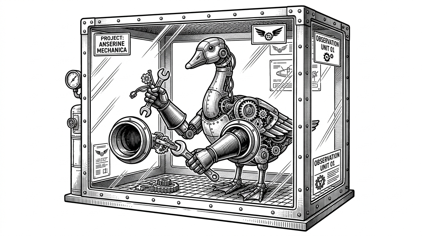 A mechanical goose securely enclosed inside a heavy glass and steel observation chamber, manipulating tools through shielded hazard gauntlets. This represents Goose's Docker-sandboxed execution environment.