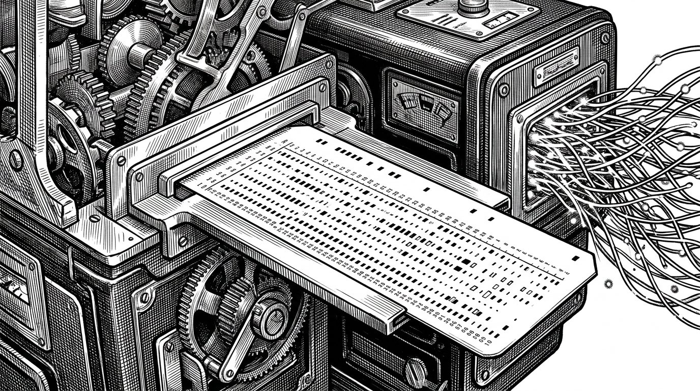 A close-up of a vintage, rigidly structured paper punch card being fed into an intricate brass analytical engine. The output side of the engine is a chaotic, glowing web of fiber optic cables. This represents YAML recipes bringing structure to LLMs.