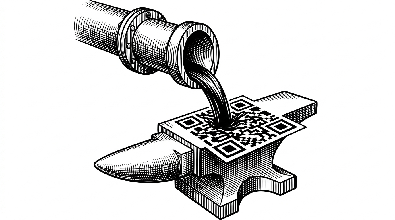 An industrial water pipe pouring a stream of dark ink into a perfectly formed geometric QR code grid on an anvil.