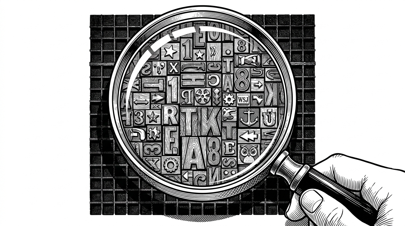 A close-up of a magnifying glass hovering over a dense grid, revealing that the solid black squares are actually tiny, hand-carved typographic printing blocks.