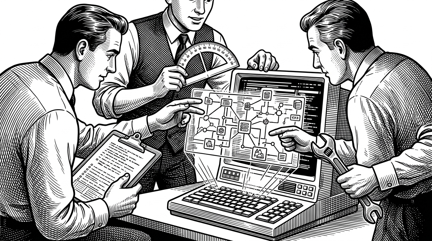 Three distinct figures (a PM, an Architect, and a Developer) sitting around a glowing terminal, gesturing at a shared holographic map of a software architecture.
