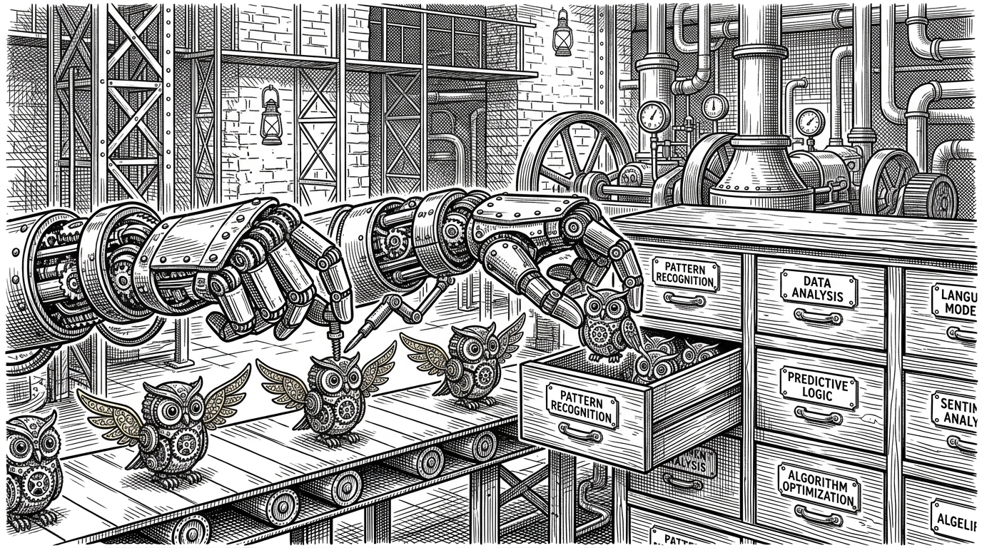 A Victorian-style foundry where tiny mechanical owls are being assembled and filed into drawers by brass hands, representing the orchestration of specialized micro-agents.