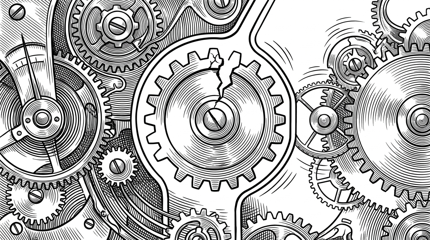 A single cracked gear tooth on an otherwise pristine clockwork mechanism, contained by a thin firewall line. It represents how BMAD prevents isolated AI errors from cascading through a codebase.