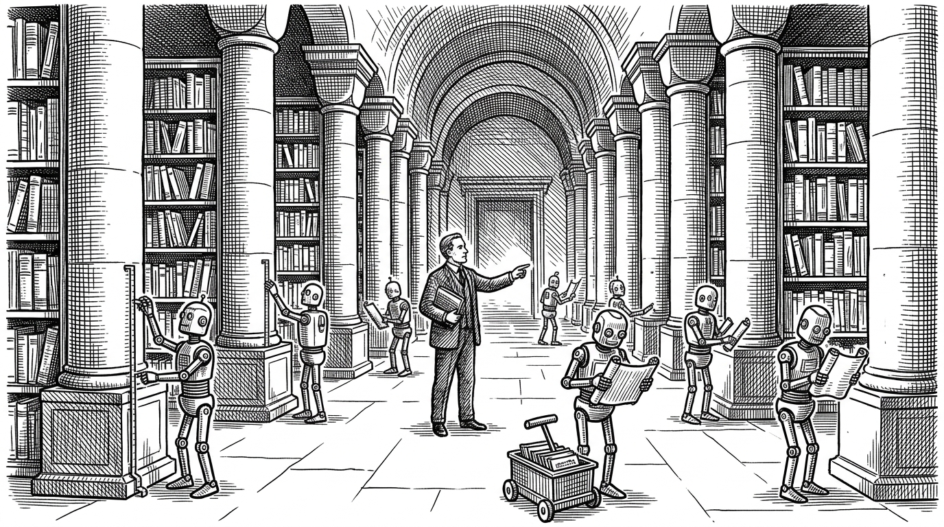 A massive stone library where a single human librarian directs a dozen specialized mechanical automatons. It illustrates the concept of a single developer orchestrating multiple specialized AI agents.
