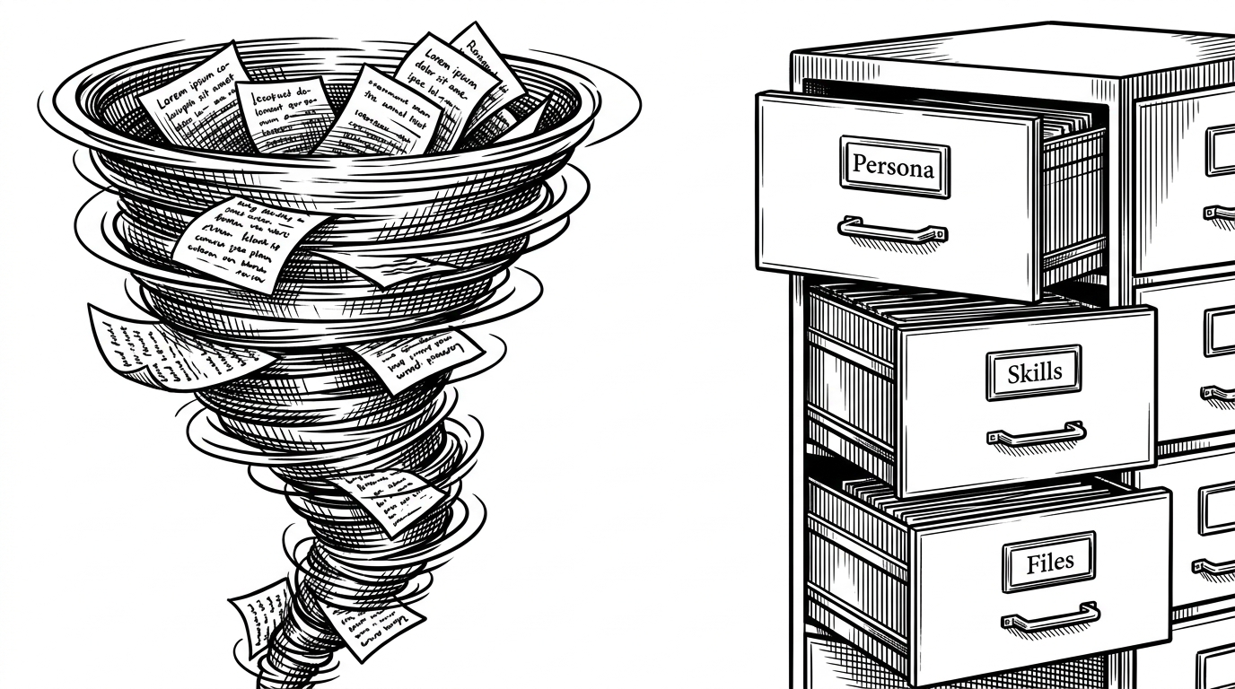 A split-view illustration comparing messy scattered papers on the left to a highly organized filing cabinet on the right, representing the difference between context rot and structured XML bundles.