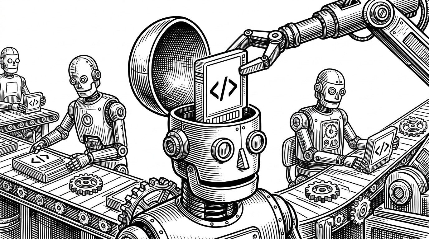A vintage-style illustration of a mechanical arm slotting an XML cartridge into a clockwork robot's head, representing the hydration of an AI agent.
