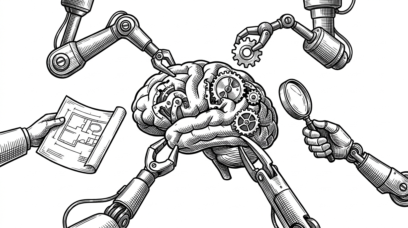 A vintage assembly line showing mechanical arms assembling a complex clockwork brain, representing the structured multi-agent workflow of BMAD.