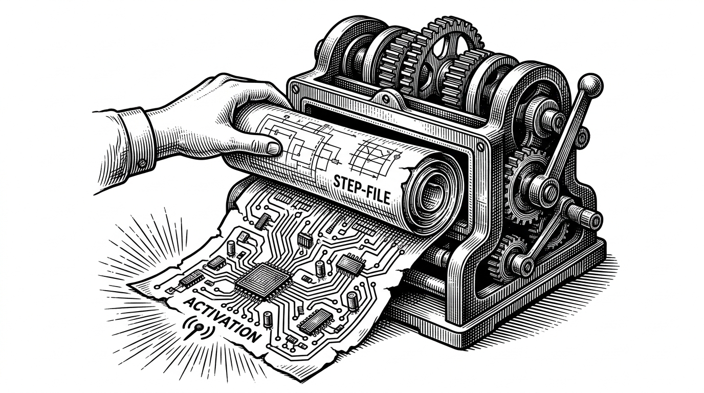 A step-file scroll being fed into a slot on a machine, lighting up a complex circuit board on the other side.