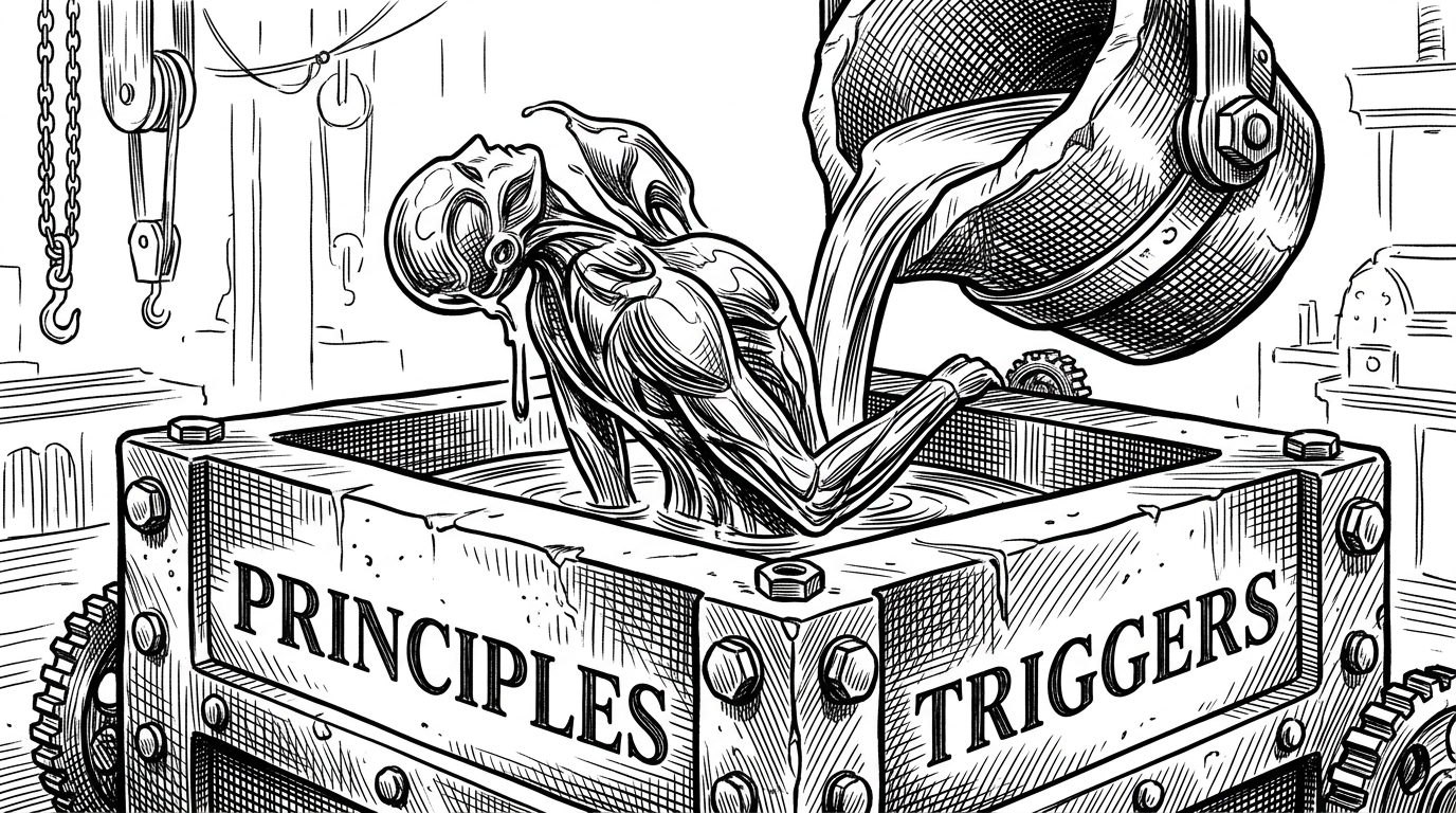 A liquid-metal humanoid form being poured into a heavy bolted iron mold labeled PRINCIPLES.