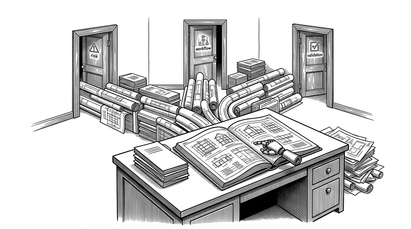 A wide editorial scene showing an architectural desk with a large routing ledger, a stack of slim markdown files, and three branching doors labeled by function. One mechanical hand points only to the next step while unused pages sit off to the side. The image explains how TEA constrains AI with workflow and selective context instead of asking it to improvise freely.