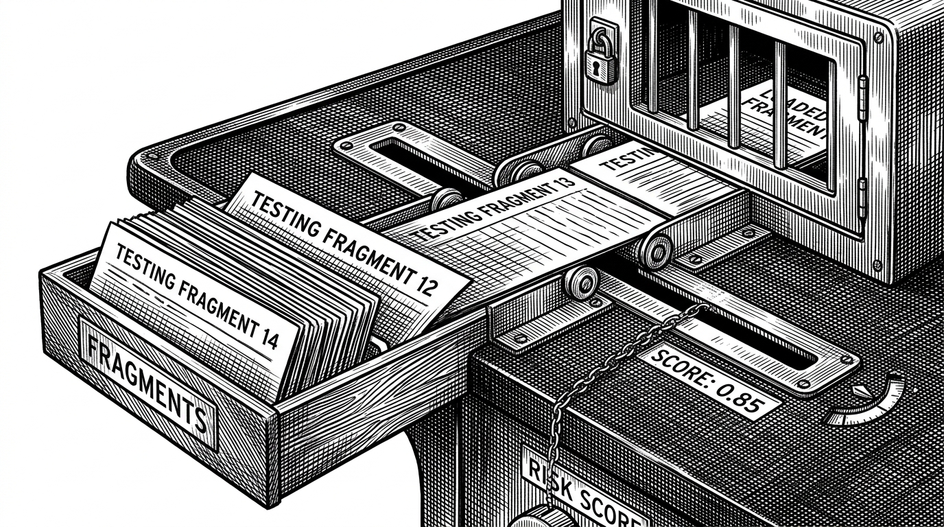 A close-up mechanism shows thin index cards sliding one at a time into a narrow slot while other cards wait in a side tray. A faint chain connects risk scoring to the active card. The image explains how TEA loads only the relevant knowledge fragment instead of flooding the model with the whole library.