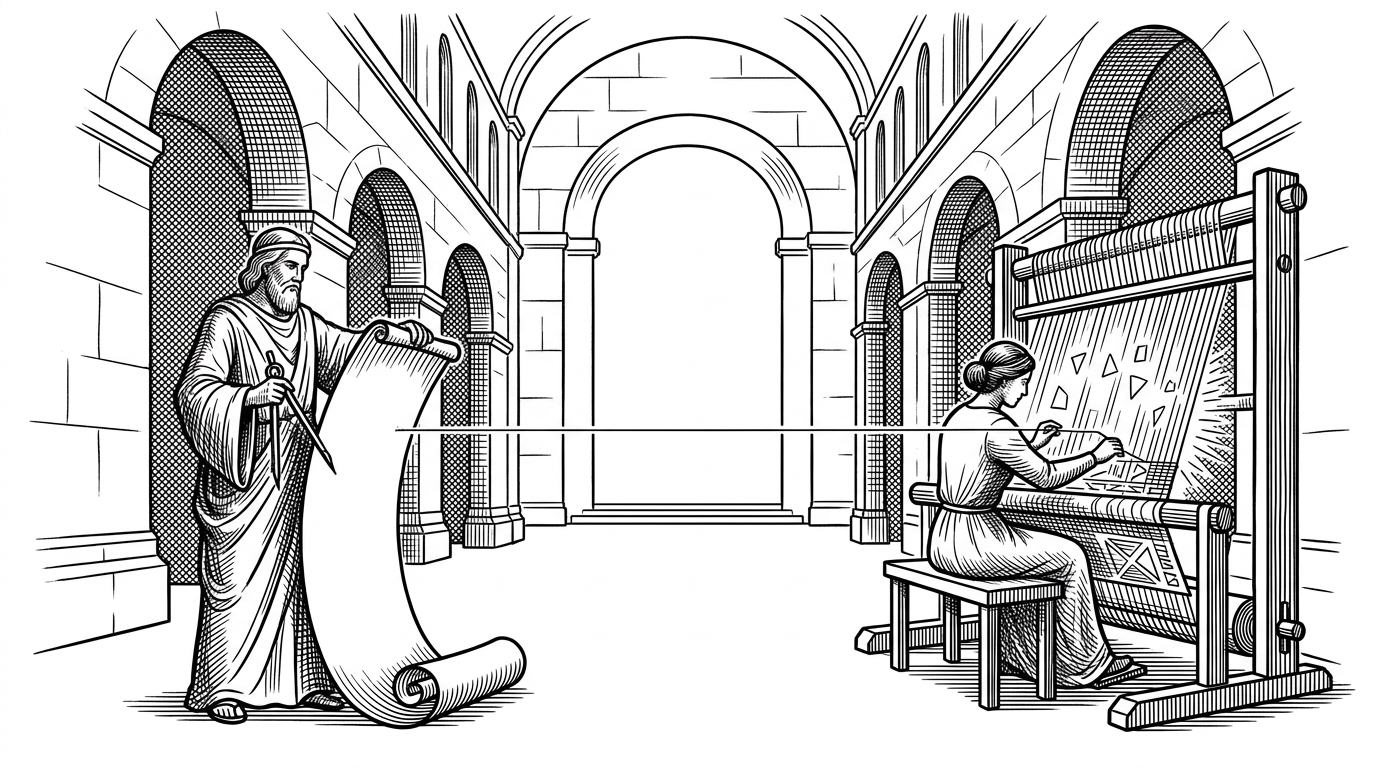 Two figures in a minimalist stone hall, one holding a scroll and compass, the other weaving geometric shapes, connected by a single thread. This represents the separation of concerns between the Analyst and Designer agents.