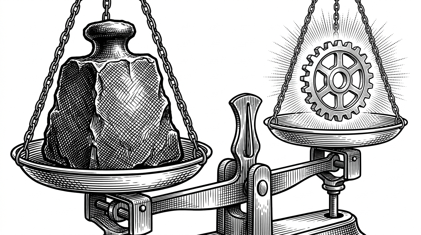 A jagged iron weight balanced perfectly against a delicate gear on a brass scale. This illustrates the Trigger Map concept of balancing user psychology with technical features.