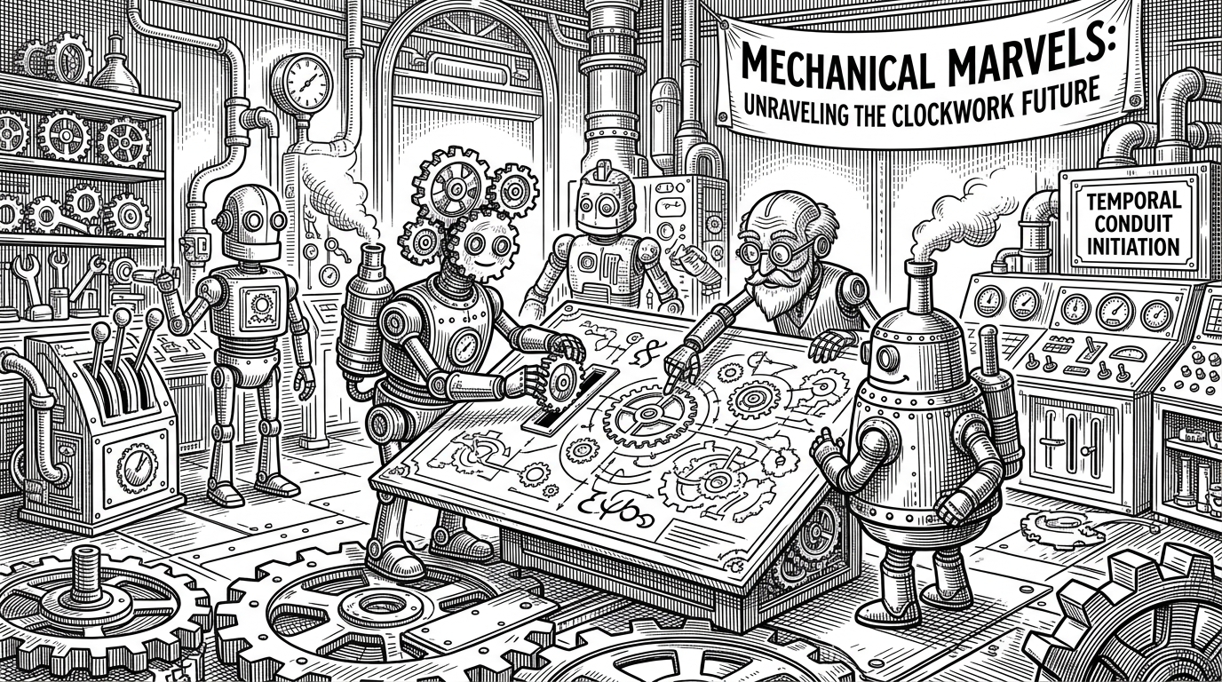 A large ornate control room where mechanical characters examine a glowing clockwork blueprint.