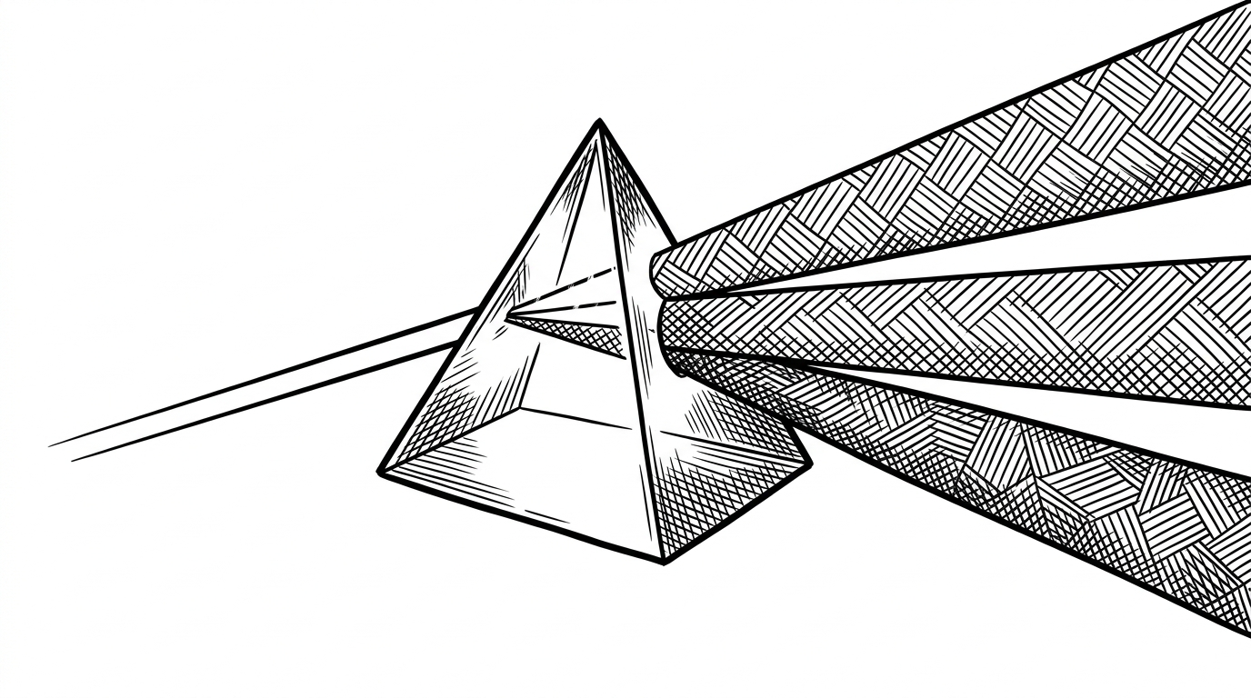 A single beam of light hitting a crystal prism and splitting into three distinct, specialized beams.