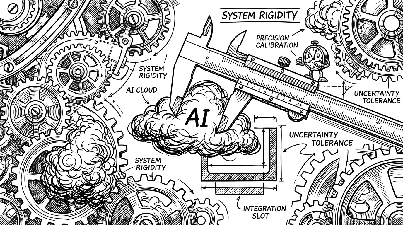 A massive clockwork blueprint where some gears are precise mechanical lines and others are formless clouds representing AI. A mechanical caliper measures a cloud to ensure it fits a rigid slot, symbolizing strict validation of AI agents.