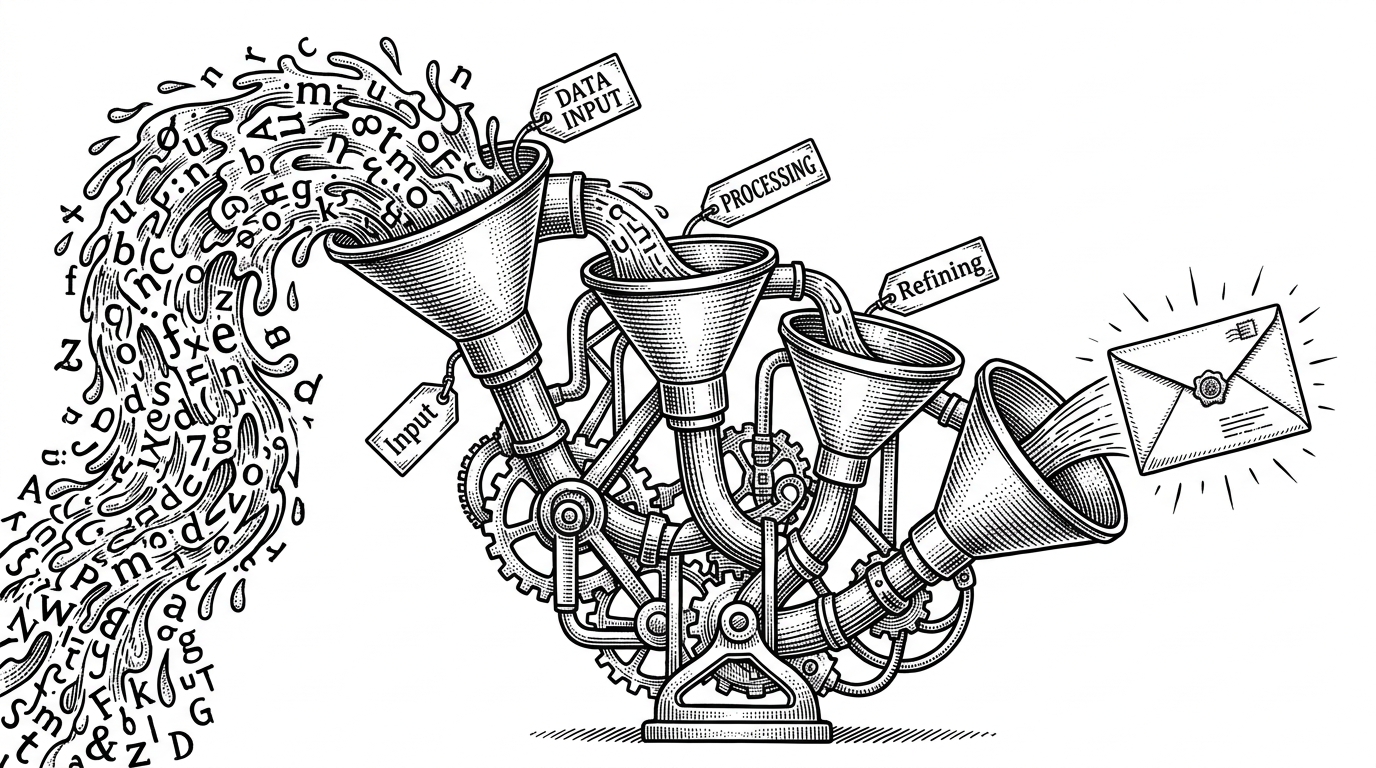 A chaotic stream of text entering industrial funnels and emerging as a perfectly folded envelope, representing the data sanitization pipeline.