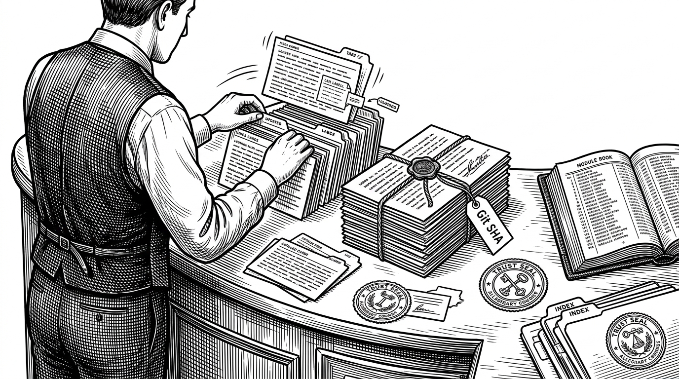 A reference desk with two stacks of catalog cards, one stack stamped with live branch markers and another sealed with Git SHA tags. The scene explains that the marketplace is split between fast-moving official modules and immutable community modules, with trust treated as the primary design constraint.