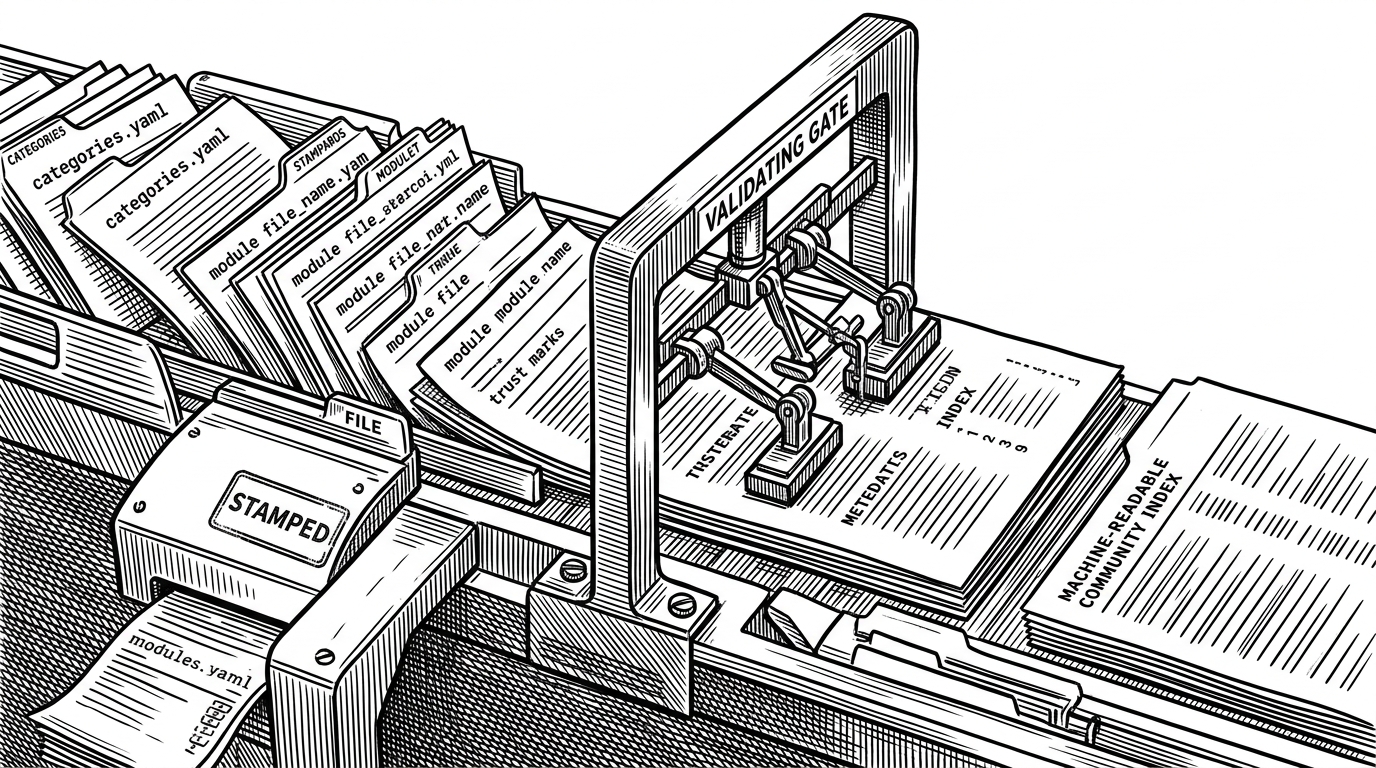 A close-up of a registry assembly line where taxonomy files and module metadata enter a validating gate and emerge as two synchronized outputs. The image explains how the marketplace is generated from structured source data rather than edited by hand.