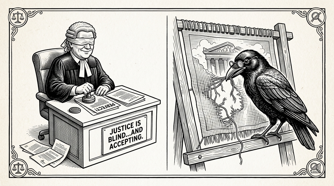 A split illustration showing a blindfolded judge stamping 'Perfect!' on the left, and a sharp-eyed raven pulling apart a tapestry on the right. This represents the contrast between standard polite LLM responses and the adversarial 'Raven's Verdict' persona.