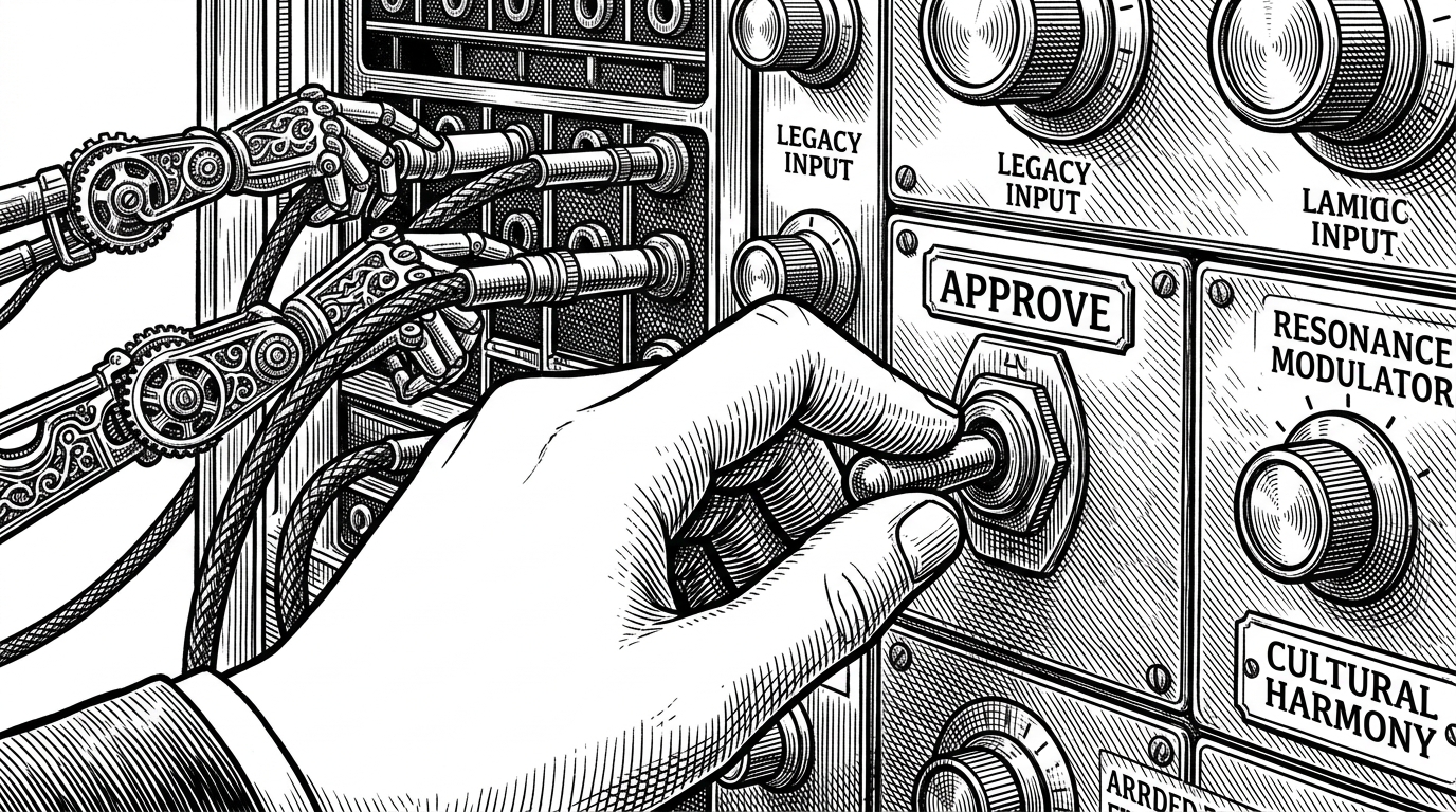 A close-up illustration of a human hand flipping a heavy 'APPROVE' switch on a complex antique switchboard, while mechanical hands plug cables in the background. This conveys the human-in-the-loop control over automated agent systems.