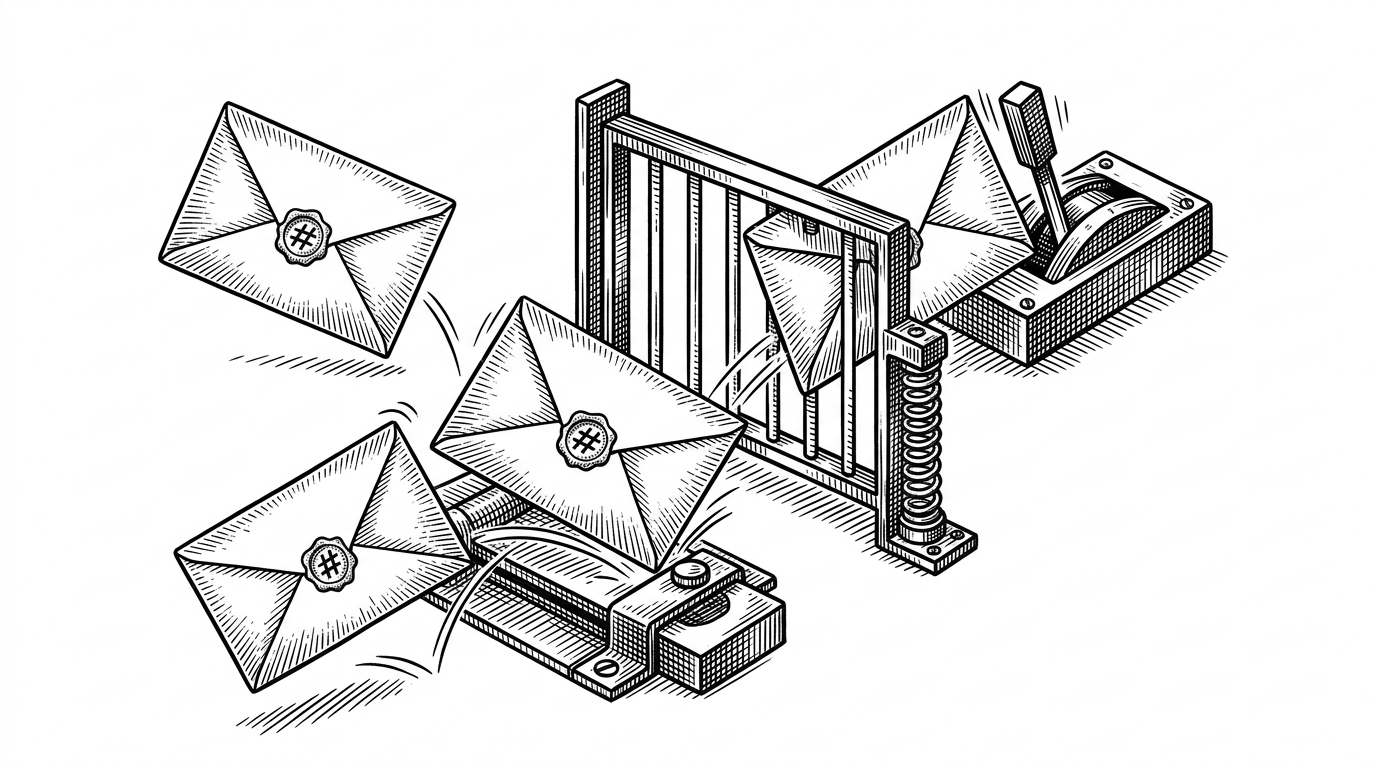 Three identical encrypted envelopes arrive at a locked checkpoint from different paths. Only the first envelope flips the gate open, while the others bounce off a closed latch before any ledger action occurs. The image explains the repo's idempotency strategy: duplicates are rejected at the hash gate before decryption and settlement.